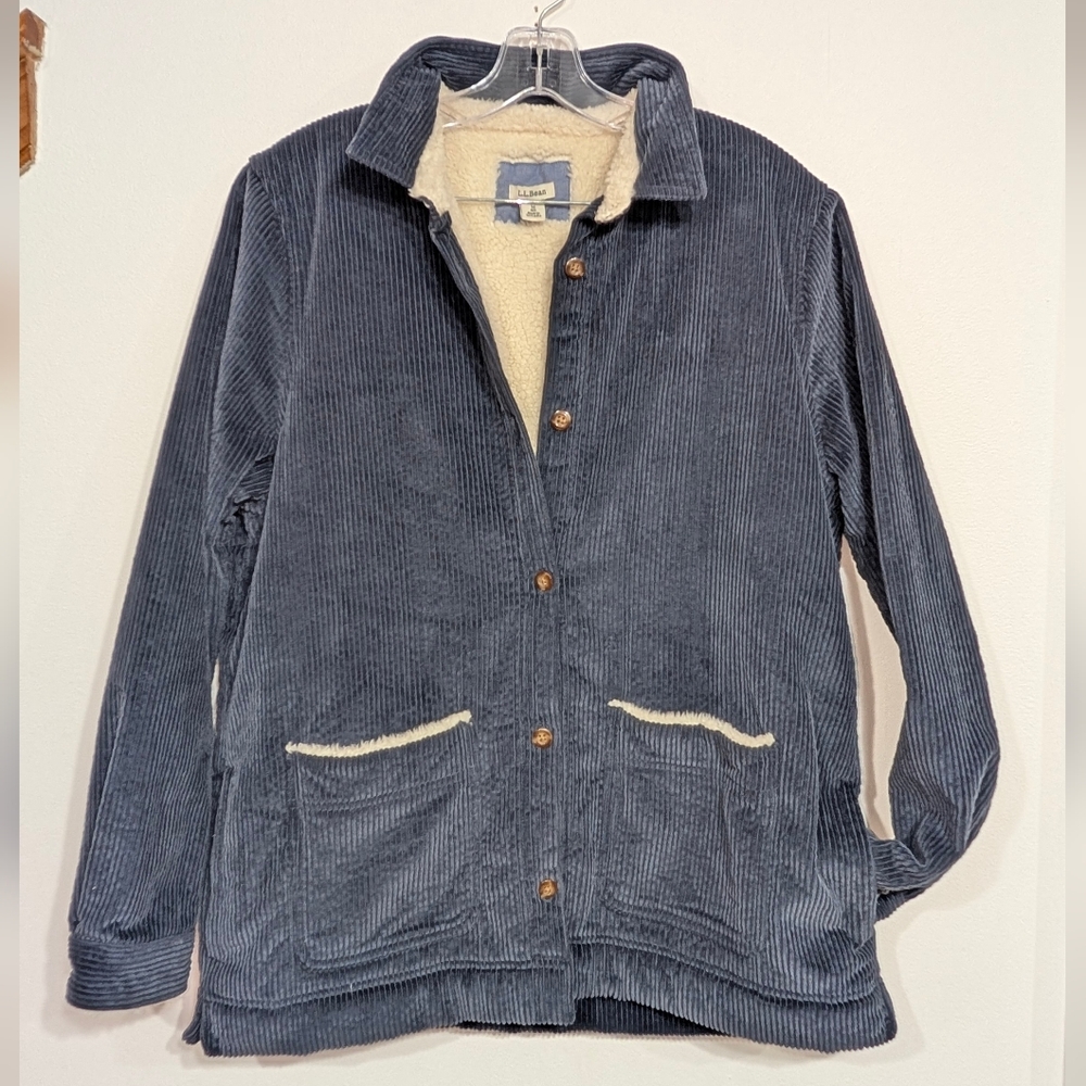 LL Bean Women's Medium Slate Blue Soft Corduroy Sherpa Jacket Cozy Relaxed Fit